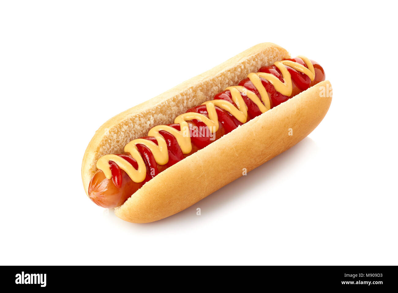 Hot dog with ketchup and mustard on white Stock Photo Alamy
