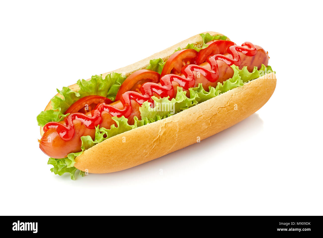 Hot dog with lettuce and tomato on white Stock Photo