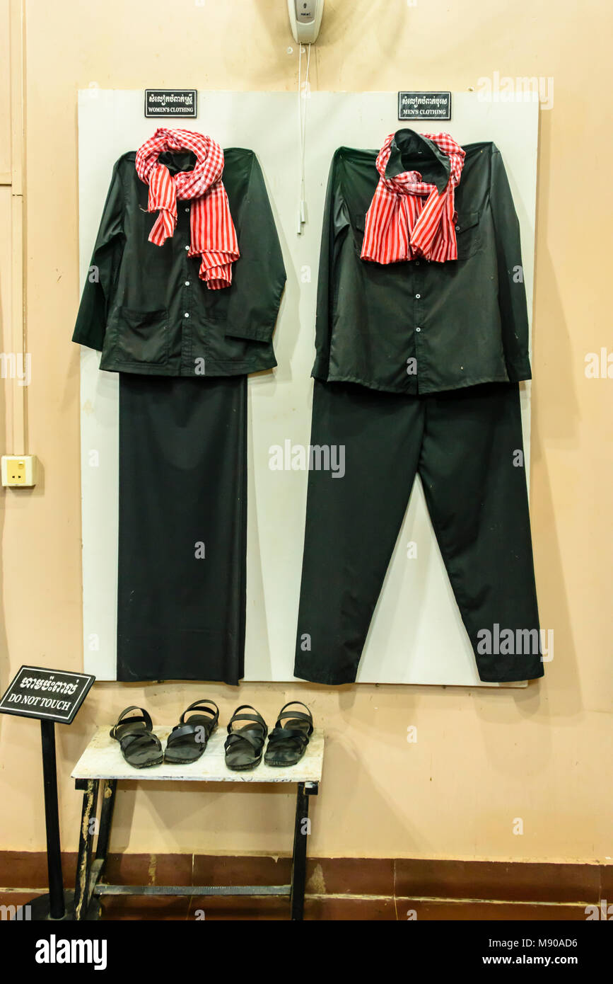 Uniforms as worn by prisoners at Choeung Ek Killing Fields Genocide Centre, Phnom Penh, Cambodia, site where tens of thousands of Cambodian people were killed by the Khymer Rouge under orders from Pol Pot from 1975-1979. Stock Photo