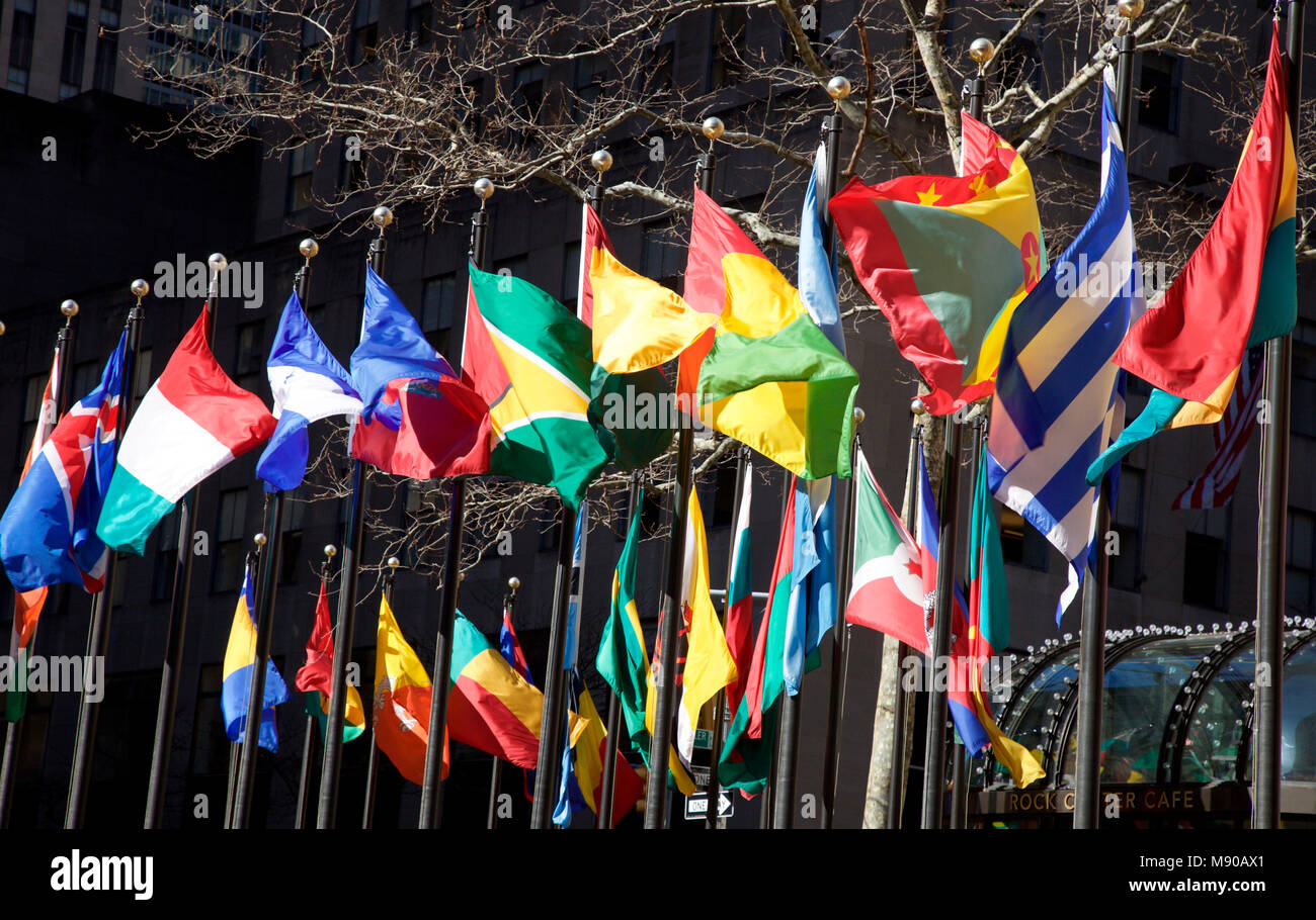 Flags of the nations flying at the Rockefeller Center New York City Stock Photo