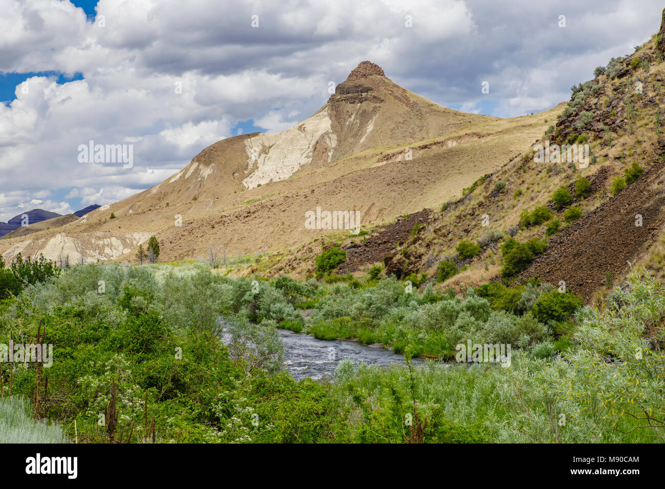 Sheep Rock and the John Day River in the John Day Fossil Beds National Monument.  Oregon Stock Photo