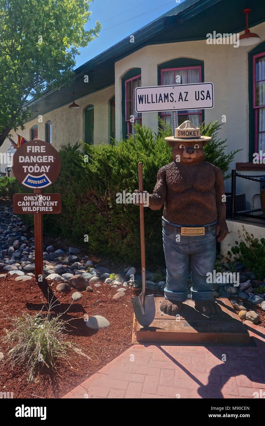 Williams, Arizona, USA: Iconic Smokey the Bear stands by a fire danger
