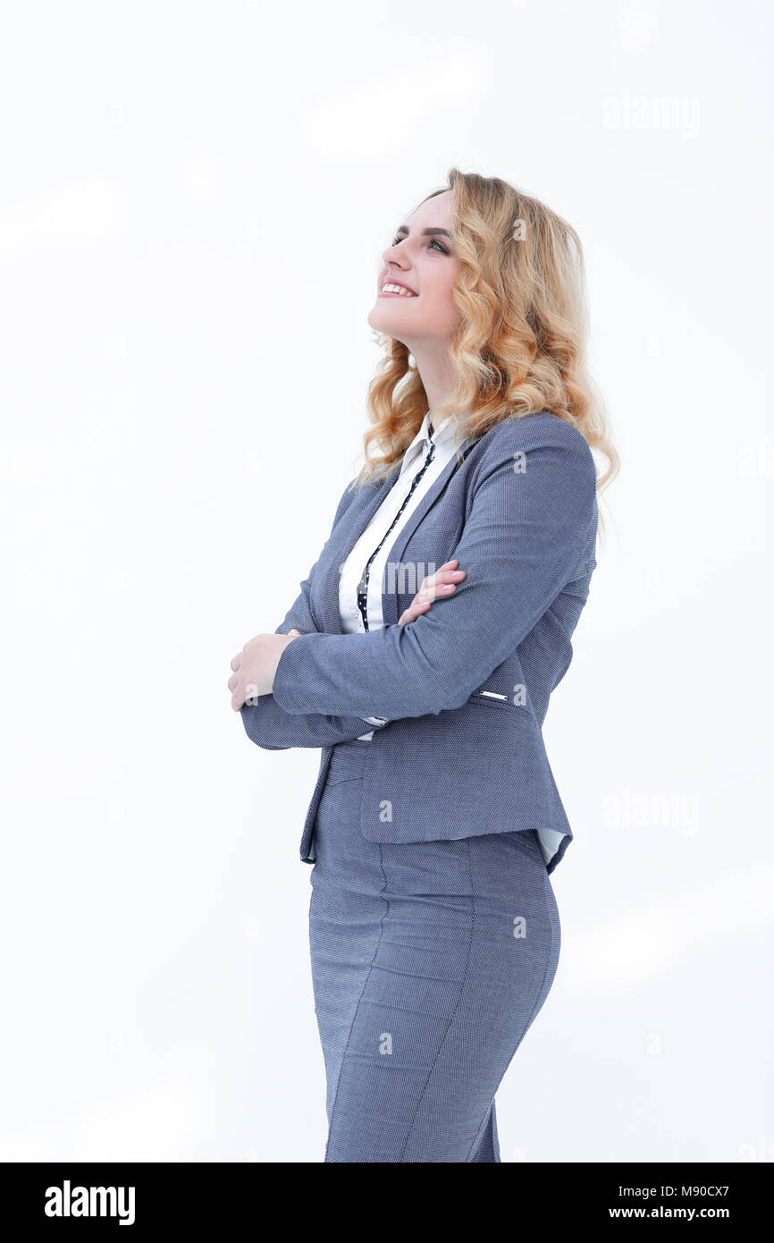 happy business woman looking on copy space Stock Photo - Alamy