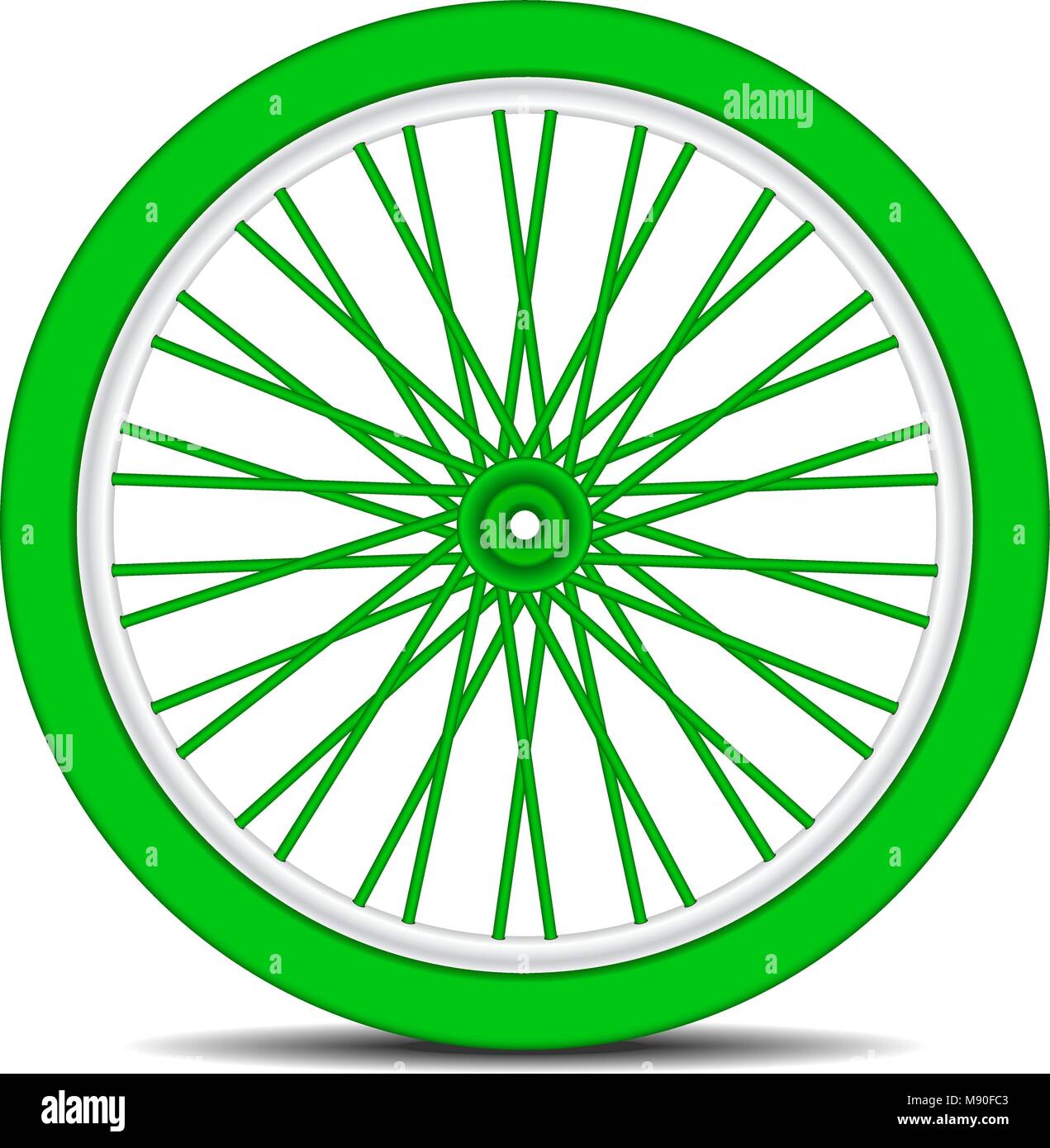 Bicycle wheel in green design with shadow on white background Stock
