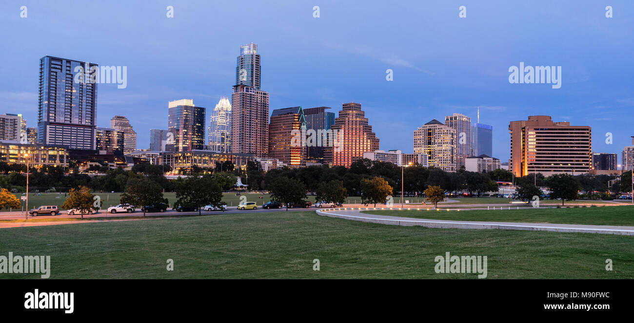 Austin Texas metro downtown lights Riverside Drive Colorado River waterfront Stock Photo