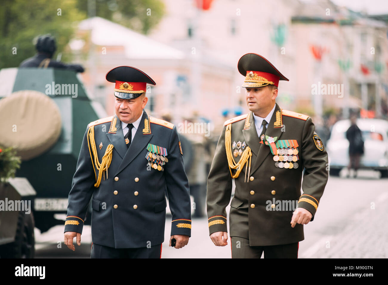 Gomel, Belarus. Chief Of Militia And Officer Take Part In Parade During Celebration Of Victory Day 9 May. Stock Photo