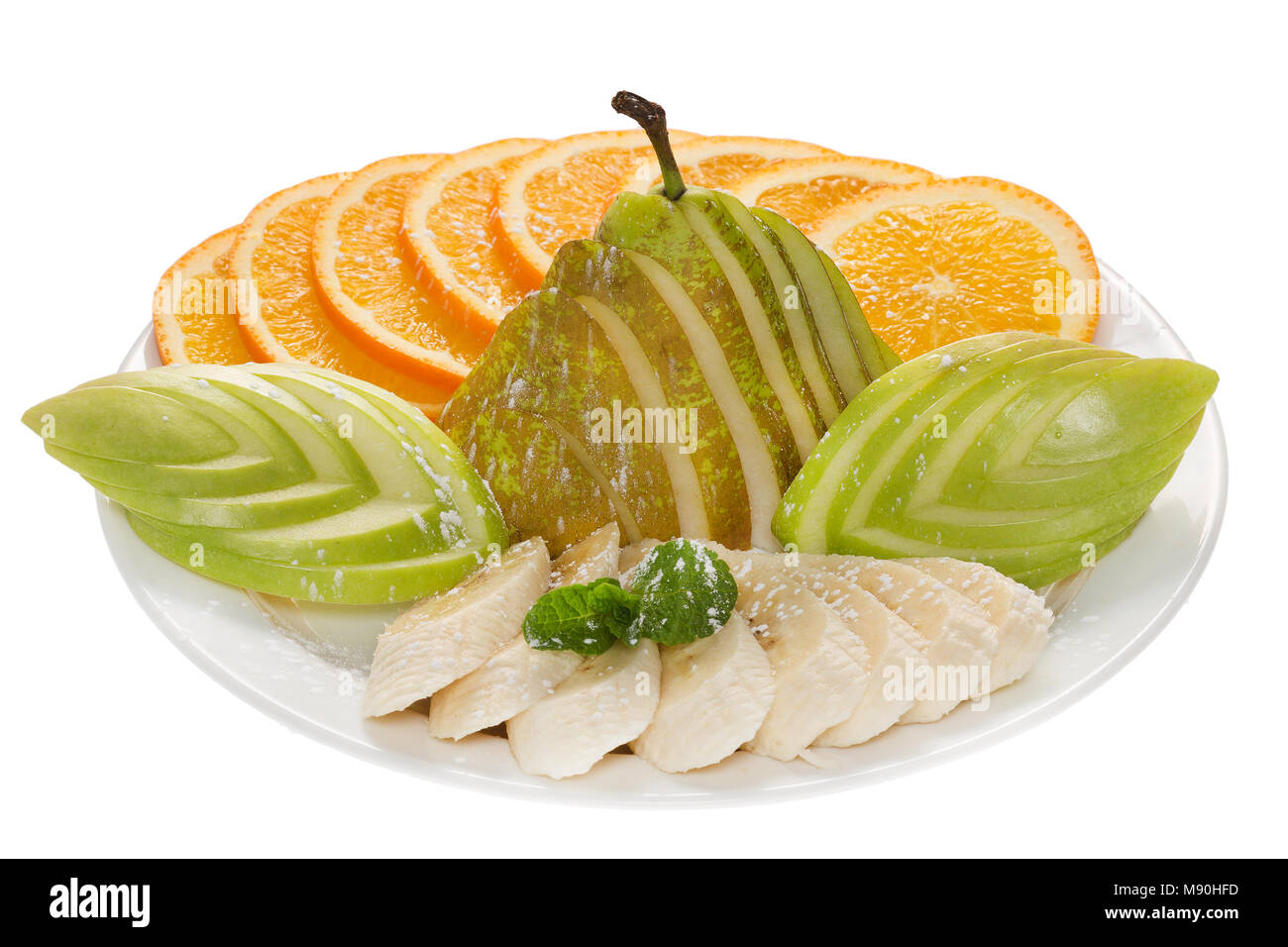 Fruit plate oranges apples pears bananas isolated Stock Photo