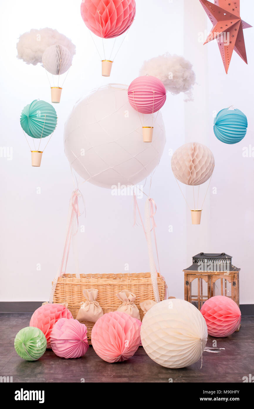 Paper balls and air balloon Stock Photo