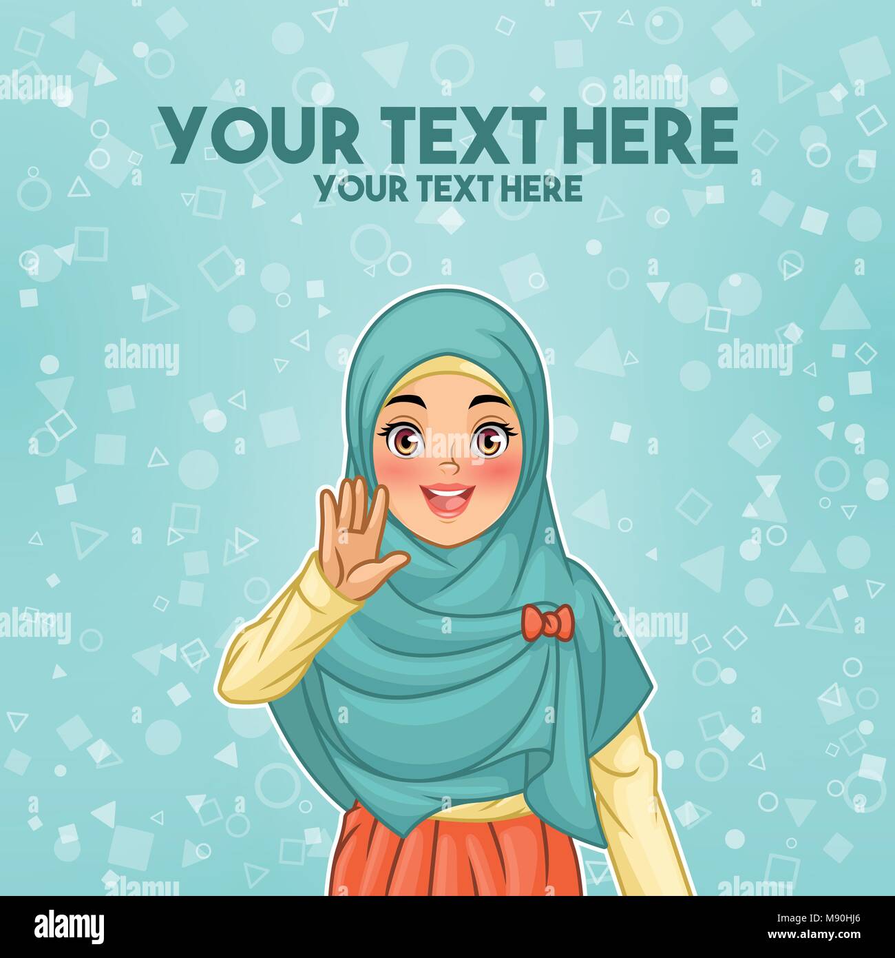 Young muslim woman wearing hijab veil waving with her palm or five fingers gesture, cartoon character design, against tosca background. Stock Vector