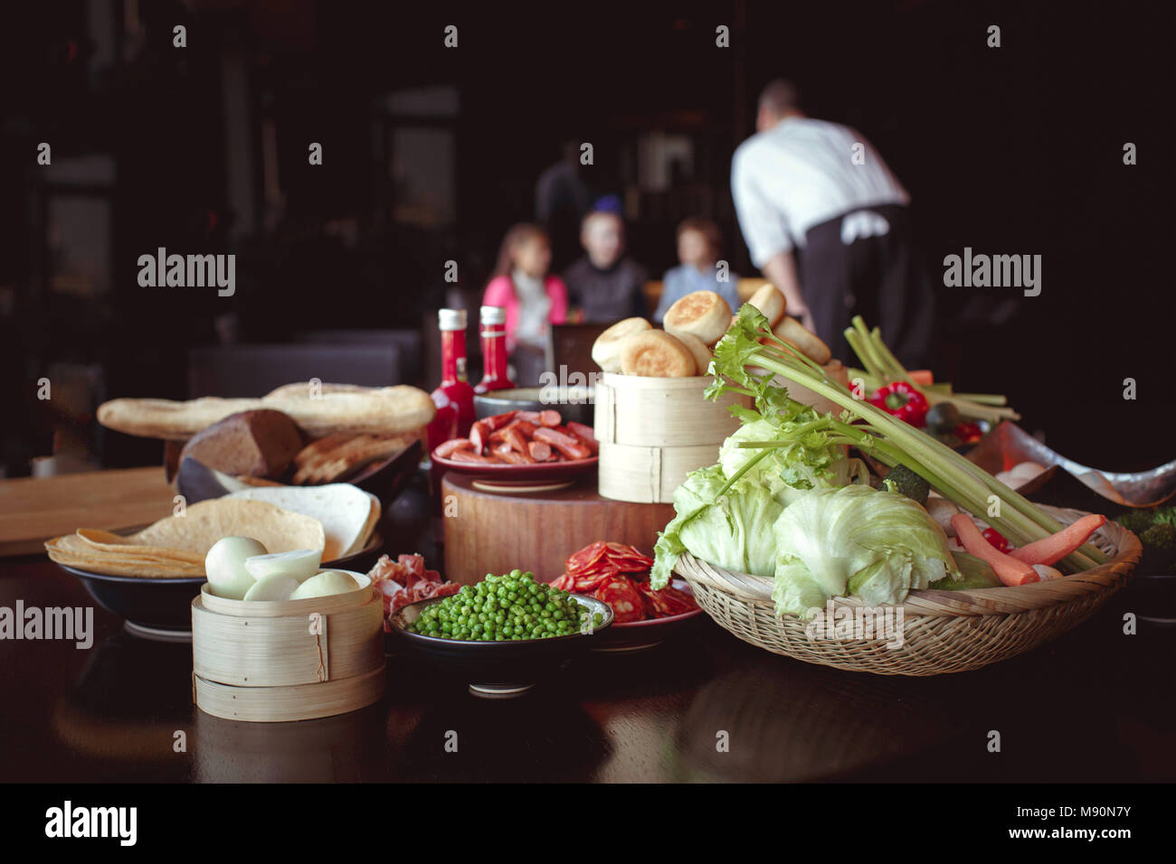 Table with different tasty food Stock Photo