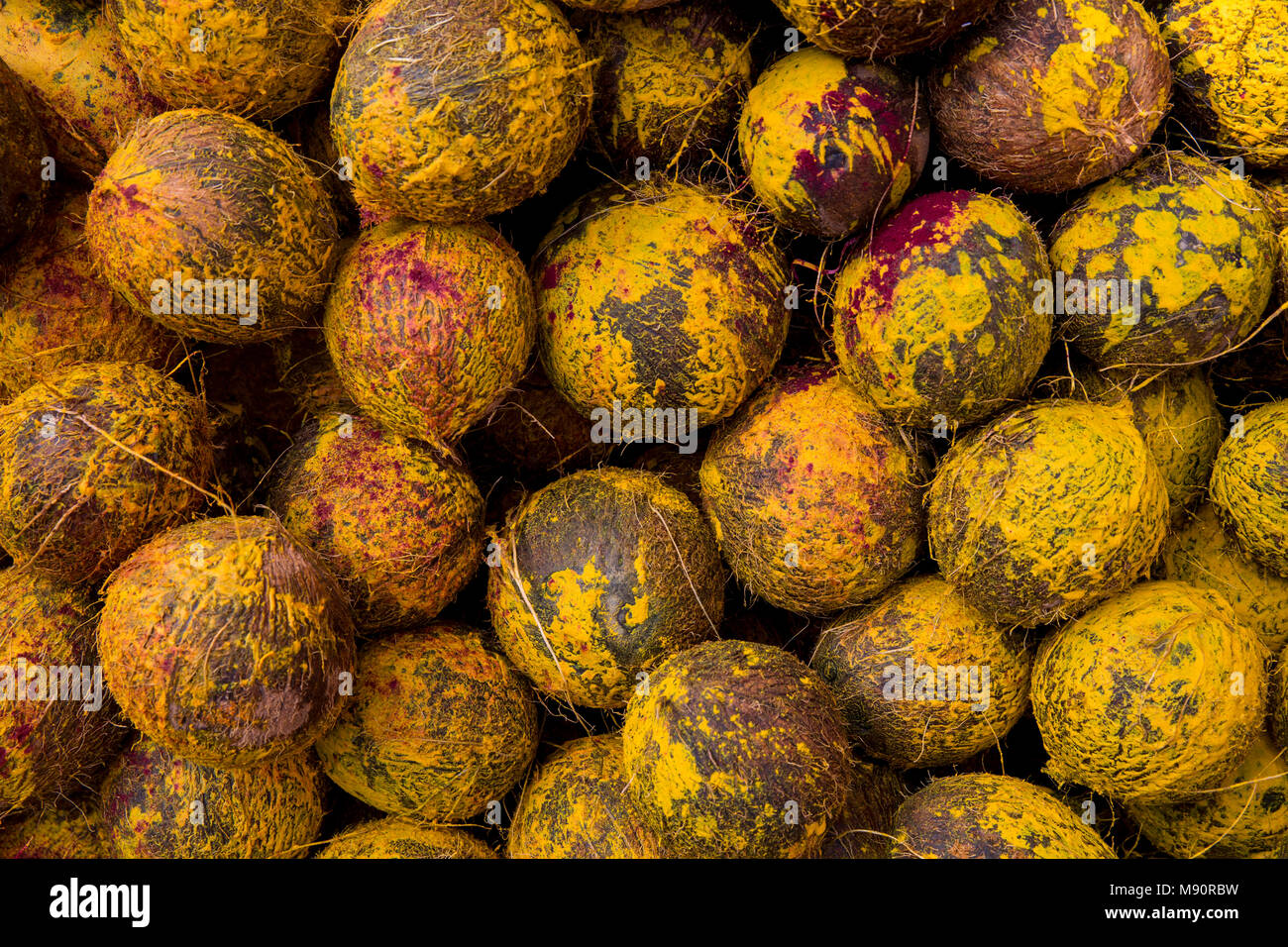Ganesh festival in Paris. Coconuts that will be broken by devotees. France. Stock Photo