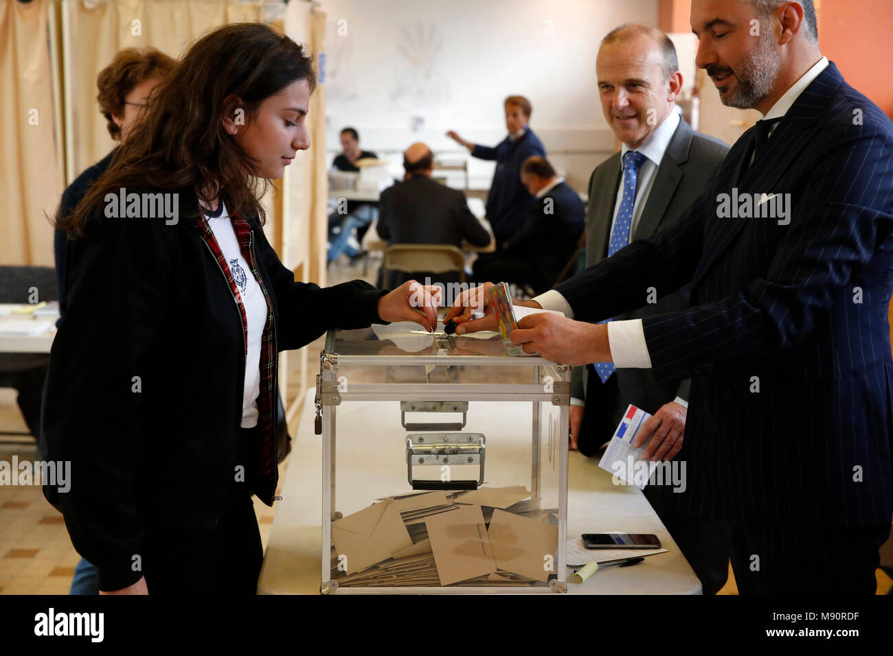 18-year-old woman's first vote in Montrouge, France. Stock Photo