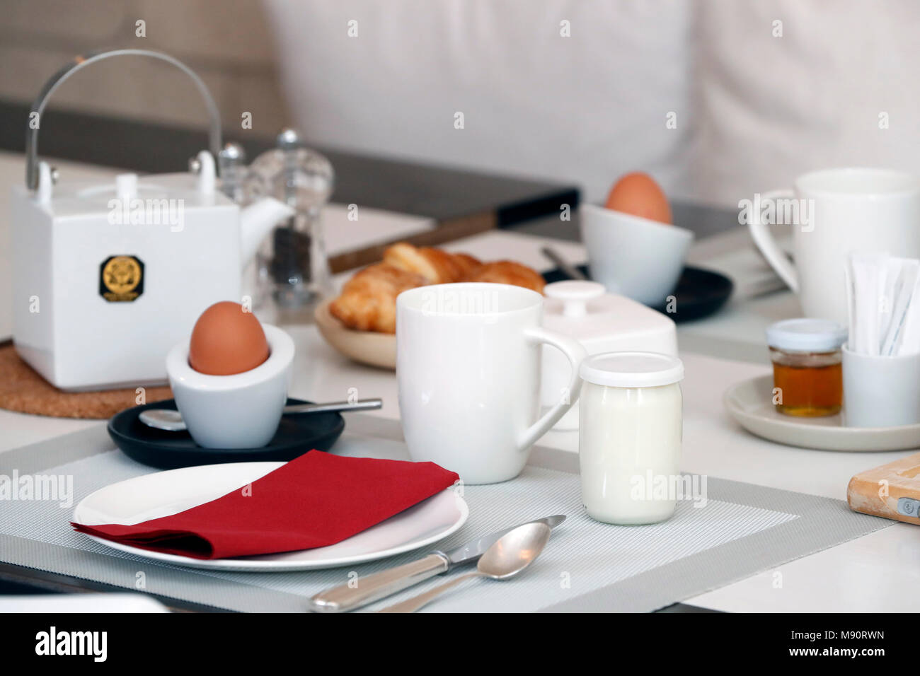 Breakfast on a table at a hotel. Stock Photo