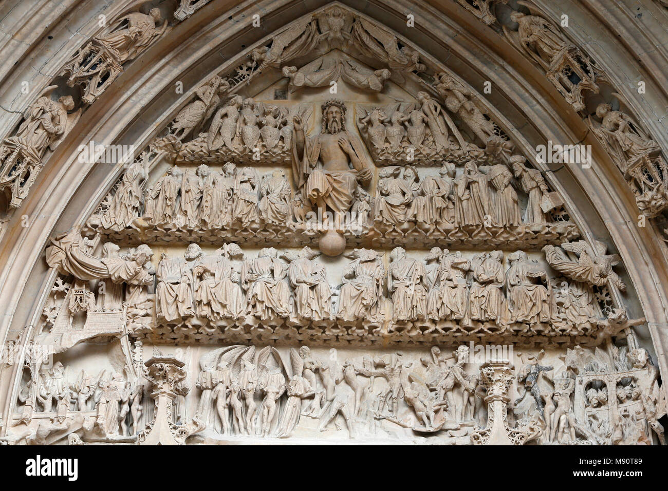 Saint-Maclou church, Rouen, France. Detail of the tympanum. The last judgment. Stock Photo
