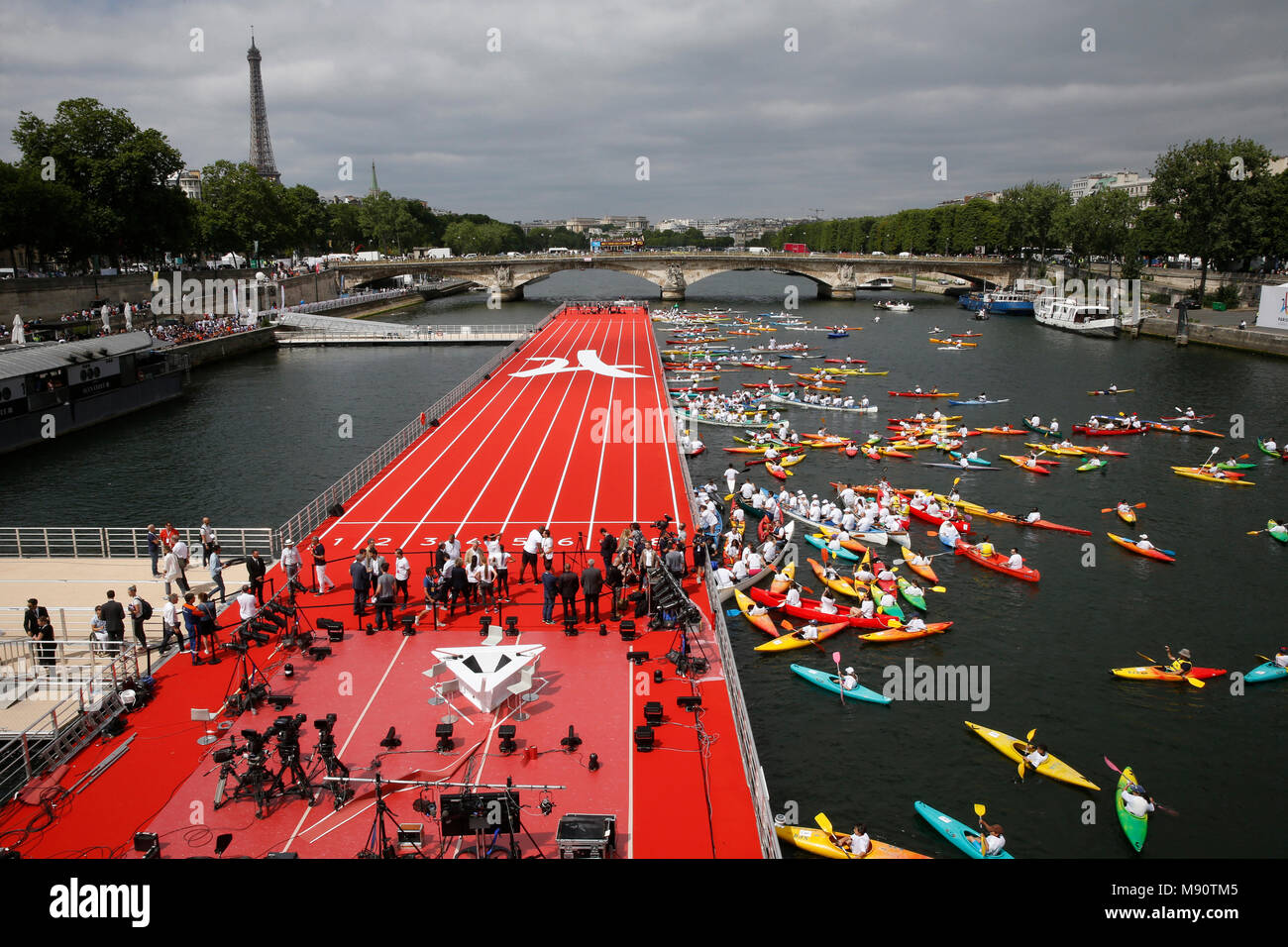 Racing track and canoes on the Seine river in Paris, France. Stock Photo
