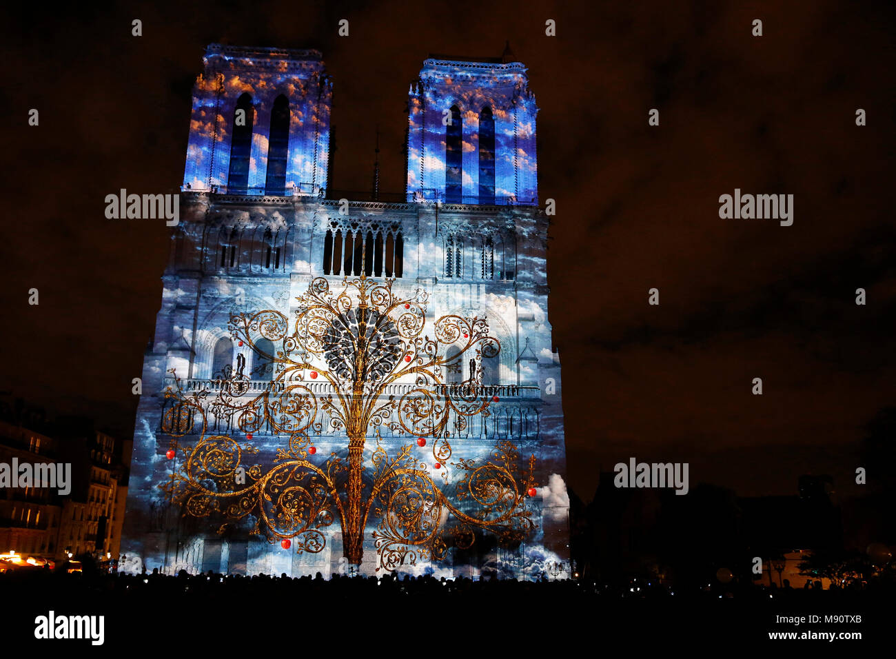 Sound and light show at Notre Dame de Paris cathedral, France. Stock Photo