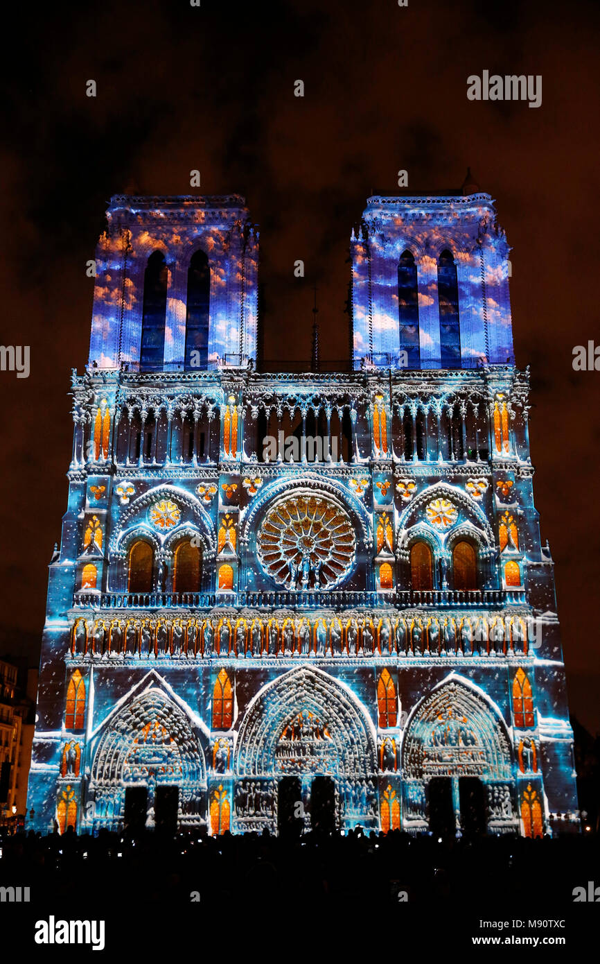 Sound and light show at Notre Dame de Paris cathedral, France. Stock Photo