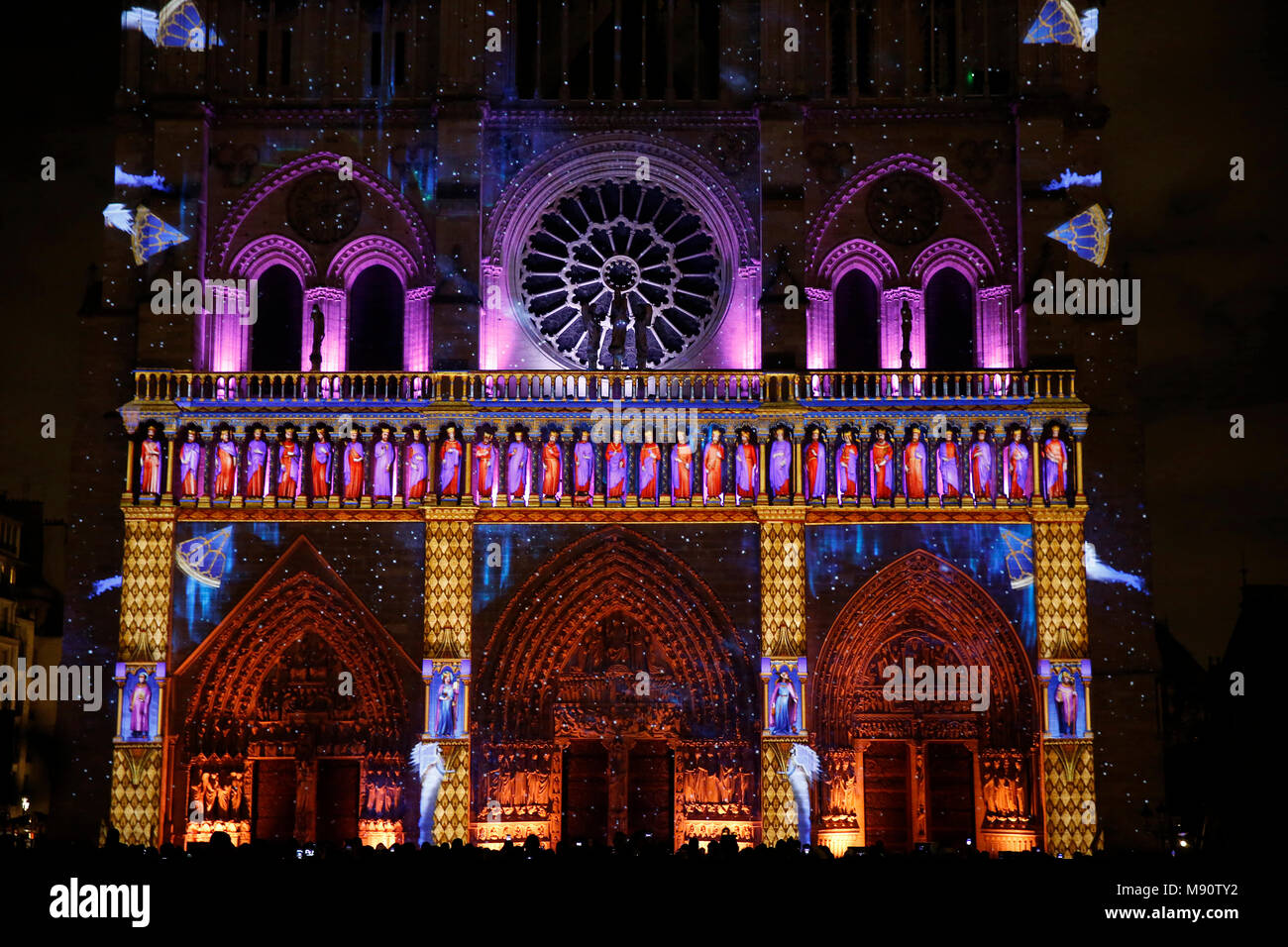 Sound and light show at Notre Dame de Paris cathedral, France. Stock Photo