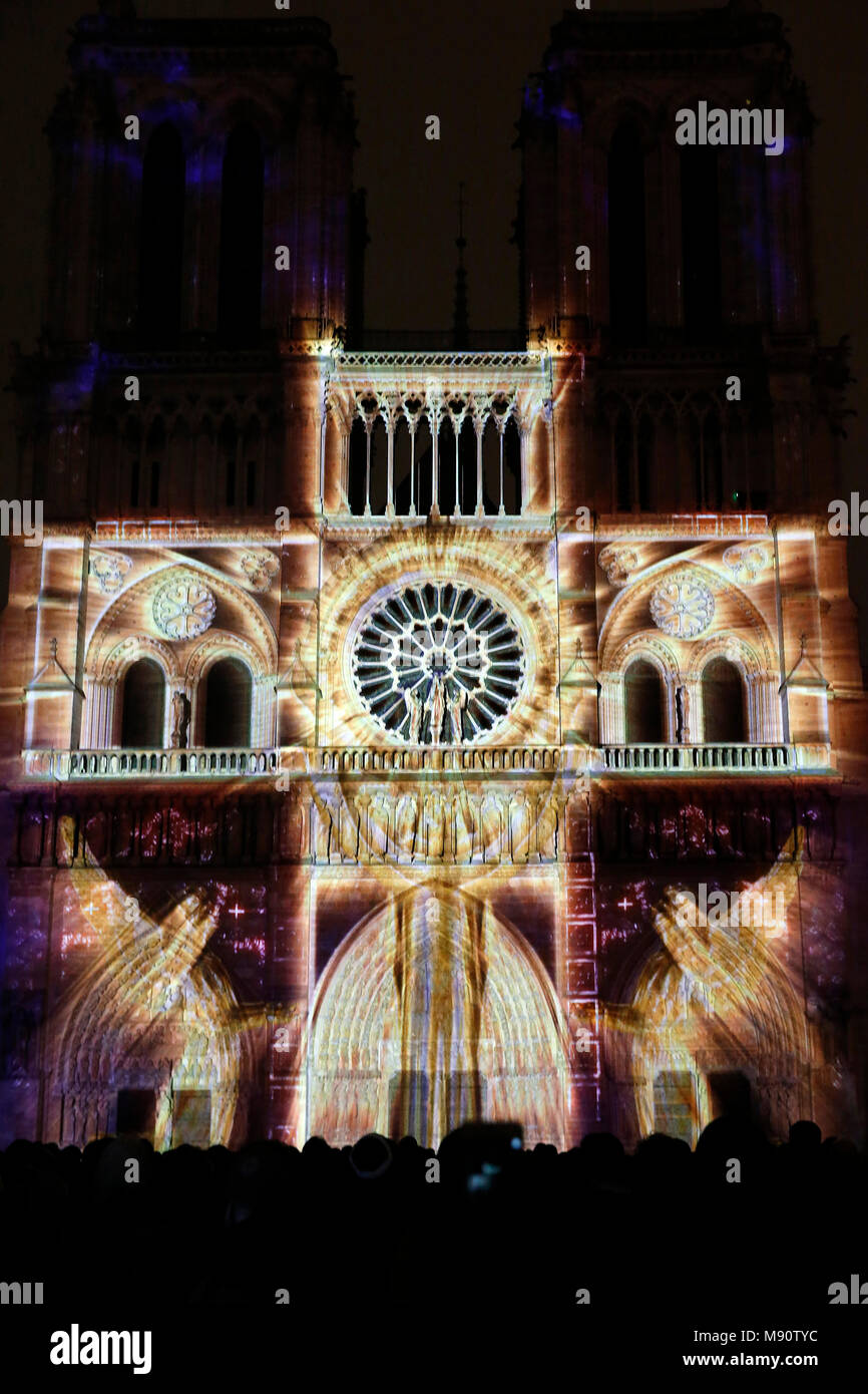 Sound and light show at Notre Dame de Paris cathedral, France. Stock Photo