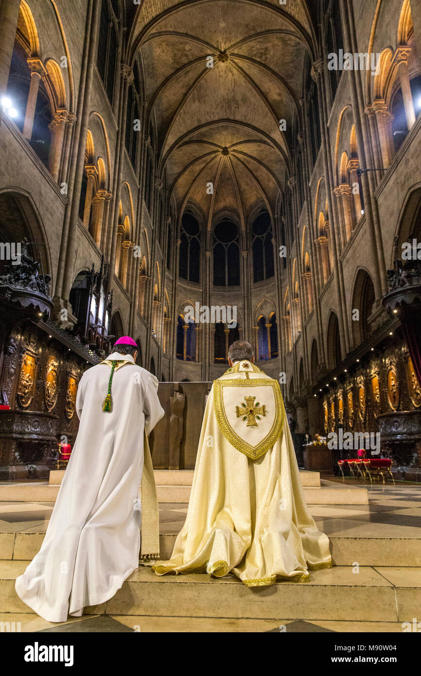 Paris, France. New Paris archbishop Michel Aupetit and rector at Notre Dame de Paris cathedral, France. Stock Photo