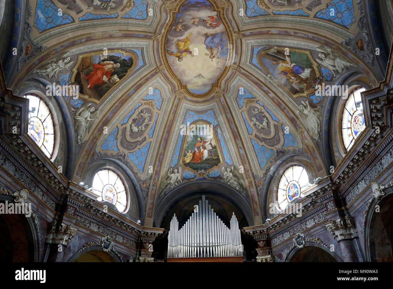 Saint-Grat church.  Ceiling painting.  Holy Trinity. The Father, Jesus and Holy Spirit.  Valgrisenche. Italy. Stock Photo