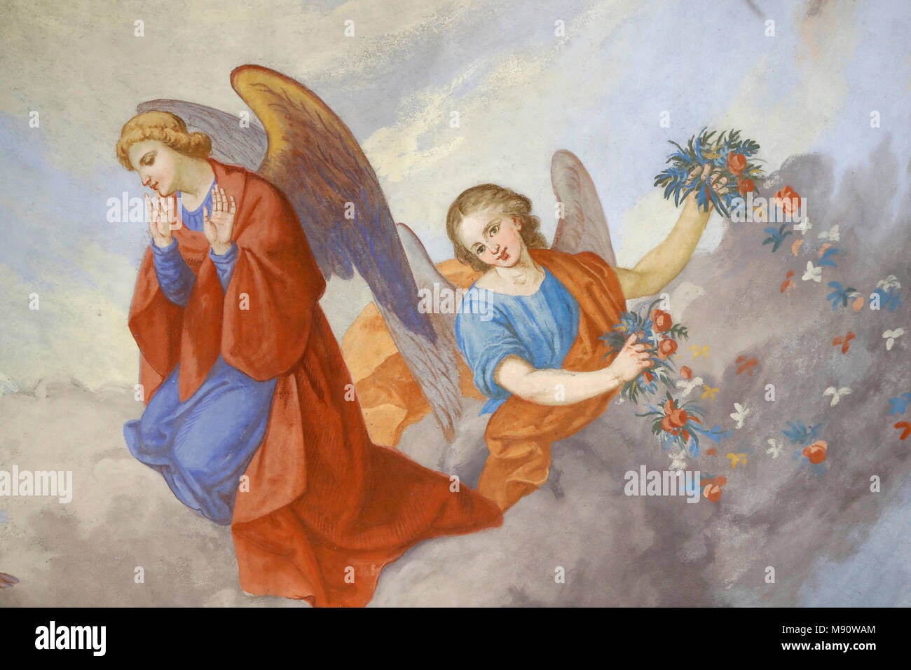 Saint-Grat church. Ceiling painting. Angels.  Valgrisenche. Italy. Stock Photo