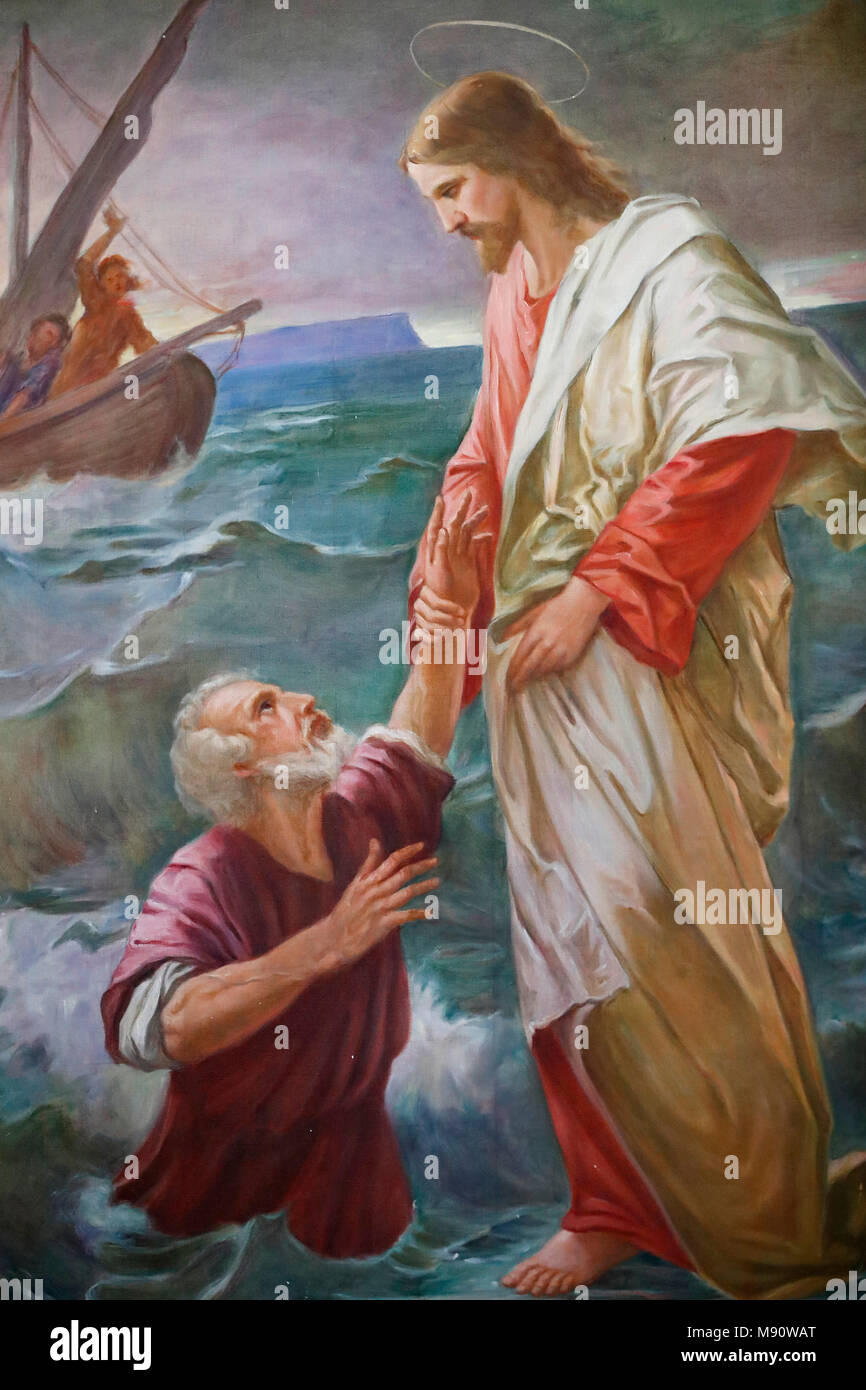 Saint-Grat church. Painting. Peter walked on the water towards Jesus, but he became afraid and began to sink, and Jesus rescued him. Valgrisenche. Ita Stock Photo