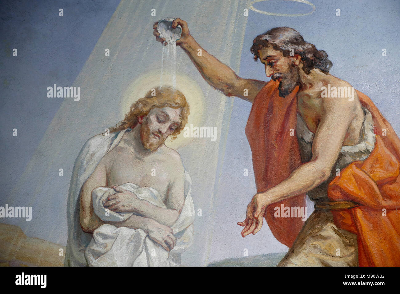 Saint-Grat church.  Painting. The baptism of Jesus  Valgrisenche. Italy. Stock Photo