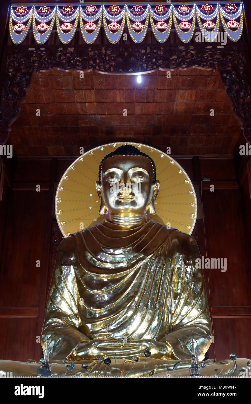 Minh Dang Quang buddhist temple.  Golden giant Buddha statue.  Meditation posture. Dhyana mudra.  Ho Chi Minh city. Vietnam. Stock Photo