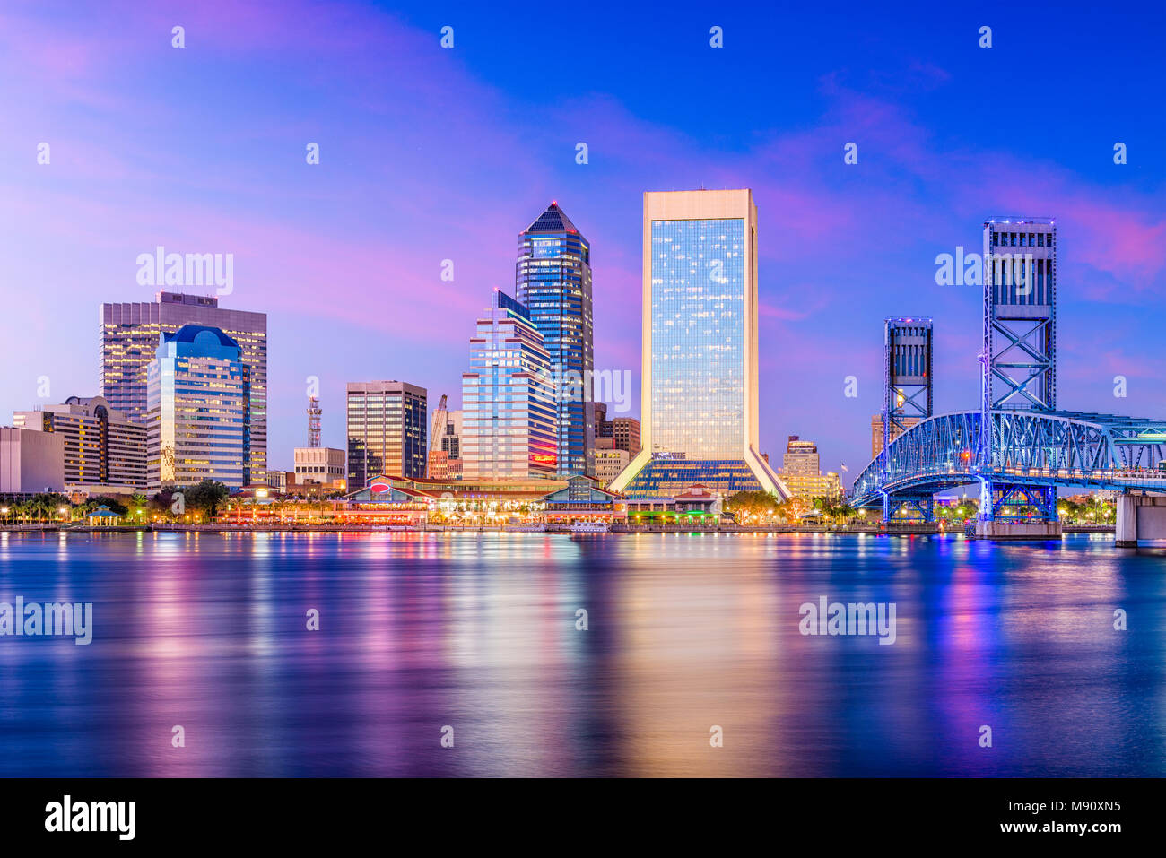 Jacksonville, Florida, USA skyline on the river at twilight. Stock Photo
