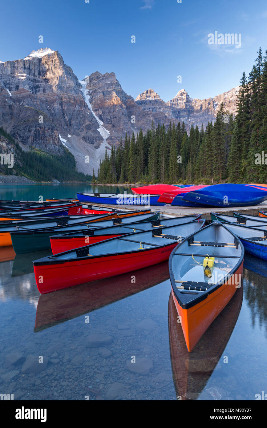 Canadian Canoes on Moraine Lake in Banff National Park, Alberta, Canada. Autumn (September) 2017. Stock Photo