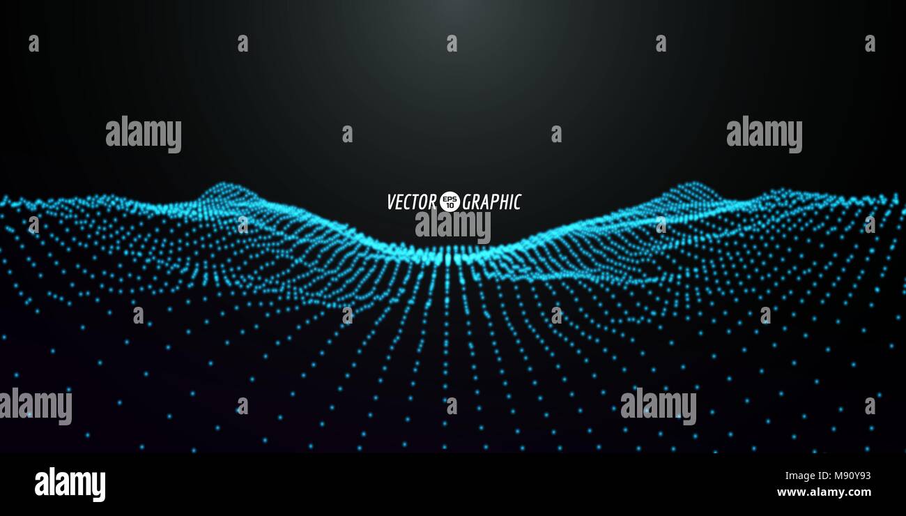 Abstract digital landscape with flowing particles. Cyber or technology background.Vector illustration. Stock Vector