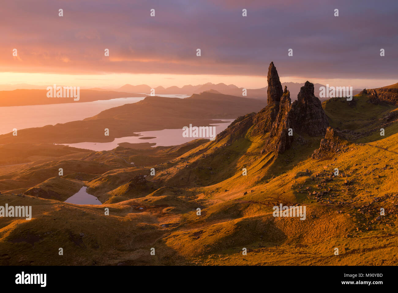 Glorious rich morning sunlight at the Old Man of Storr on the Isle of Skye, Scotland. Autumn (November) 2017. Stock Photo