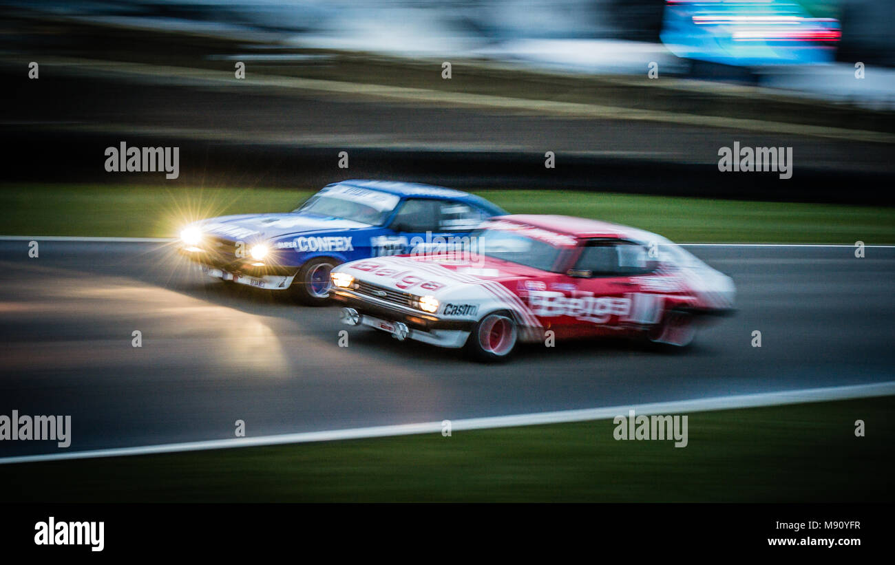 Ric Wood & Patrick Blakeney- Edwards in battle of the Ford Capris in the Gerry Marshall Trophy during Goodwood Members Meeting 76 at Goodwood Circuit Stock Photo