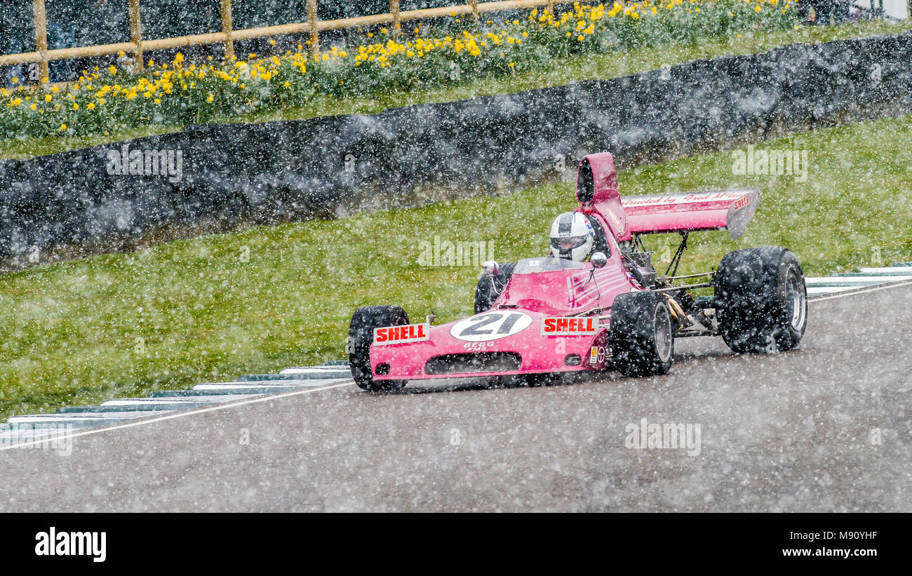 Scott O'Donnell driving the Begg-Chevrolet FM5 Formula 5000 in the snow during the 2018 Goodwood Members Meeting 76MM demonstration drive. Stock Photo