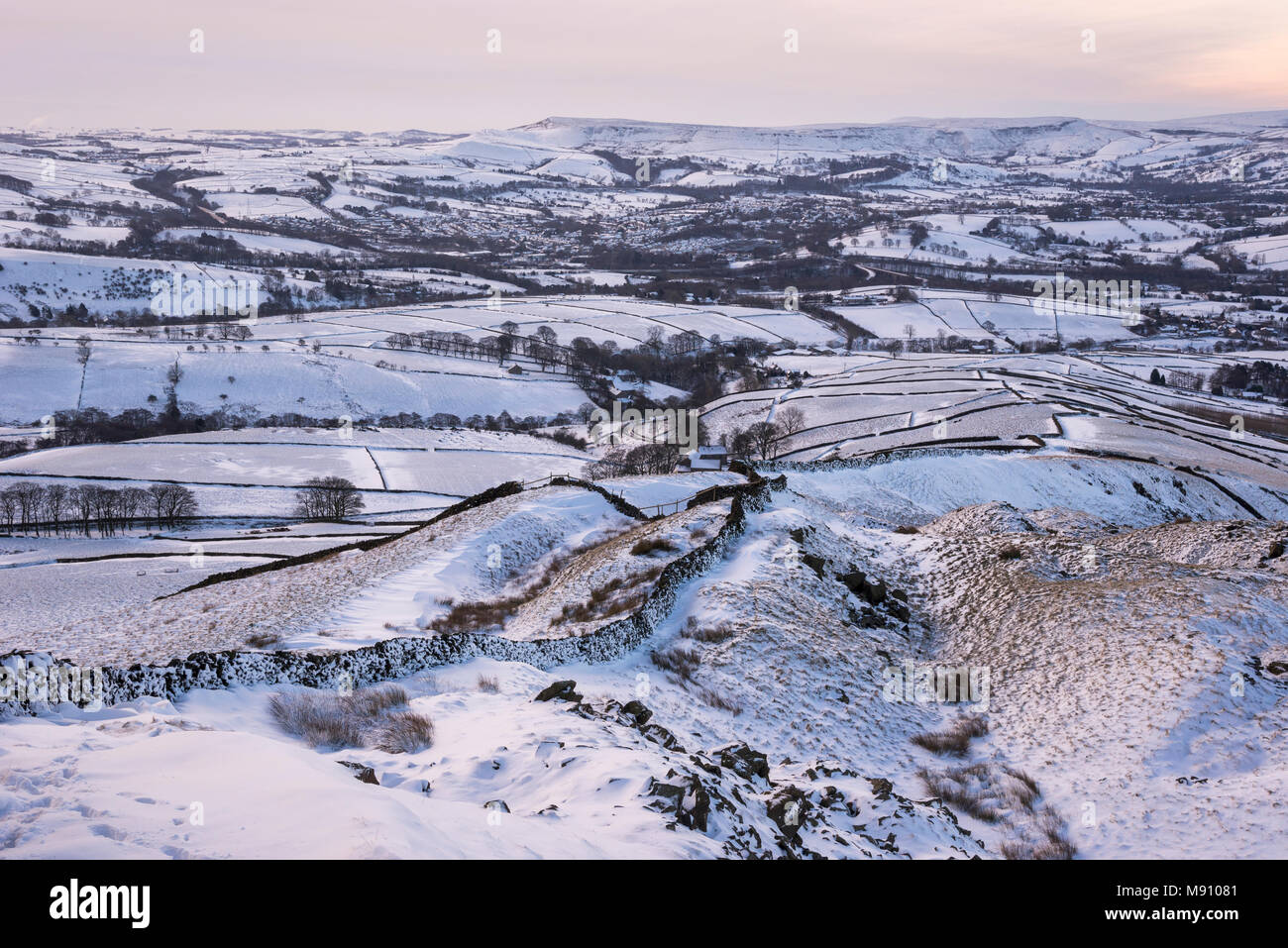 View to Chapel-en-le-frith on a cold snowy morning, Derbyshire, England. Stock Photo