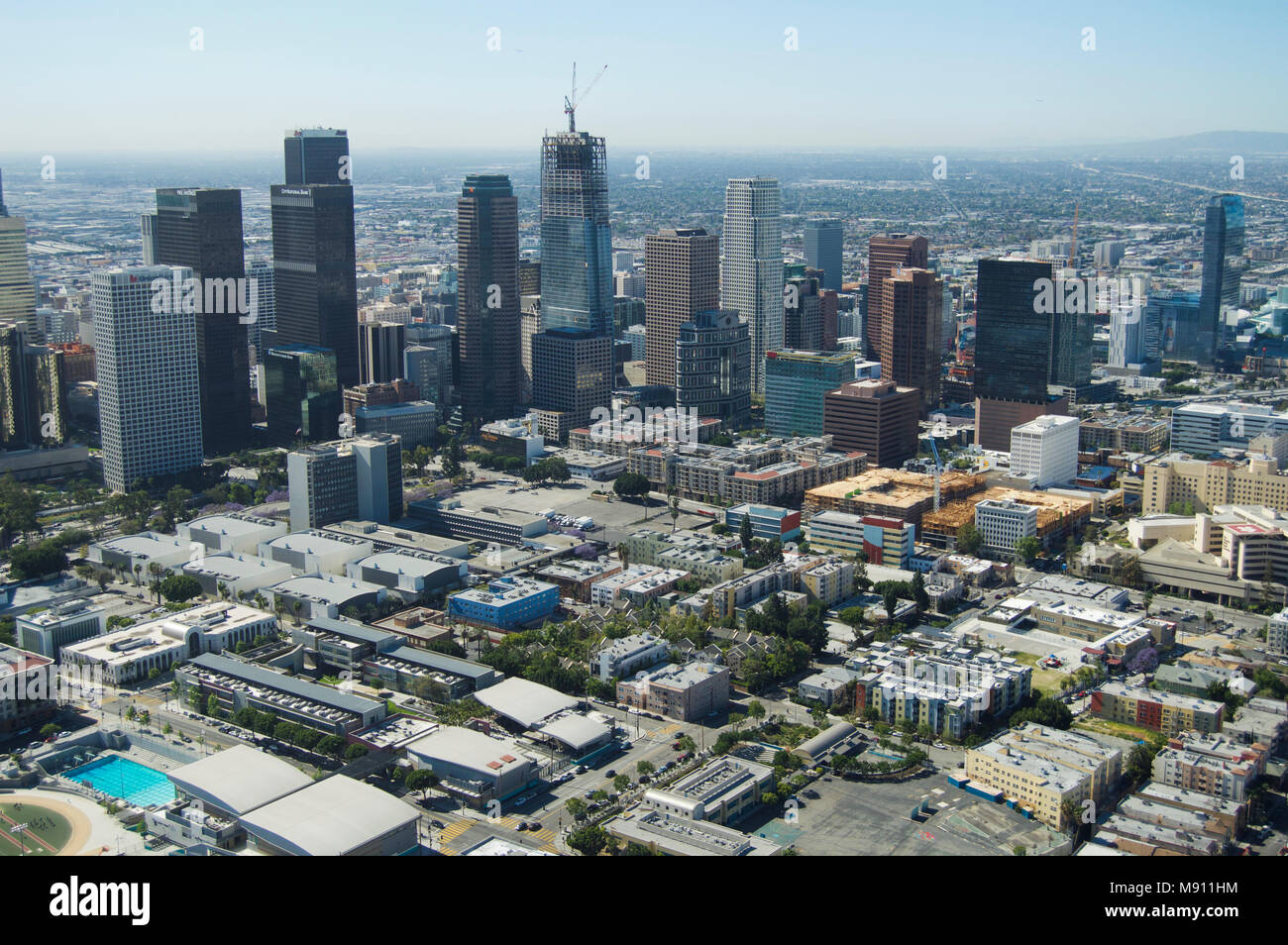View of downtown Los Angeles, California from a helicopter Stock Photo