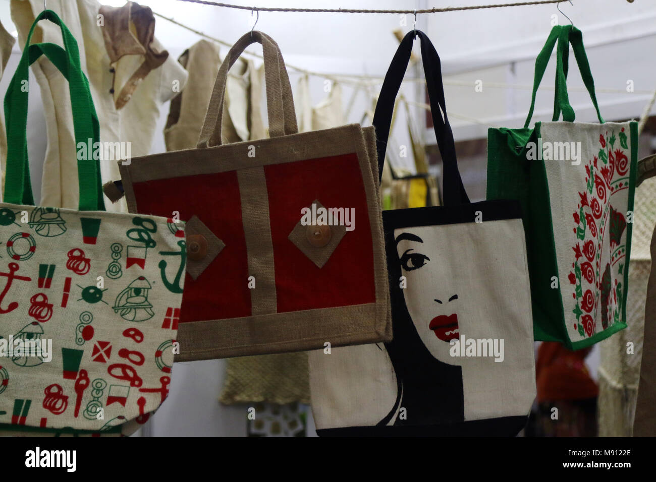 Dhaka 2018. Varieties Handicraft jute bags products displayed in dhaka. Stock Photo