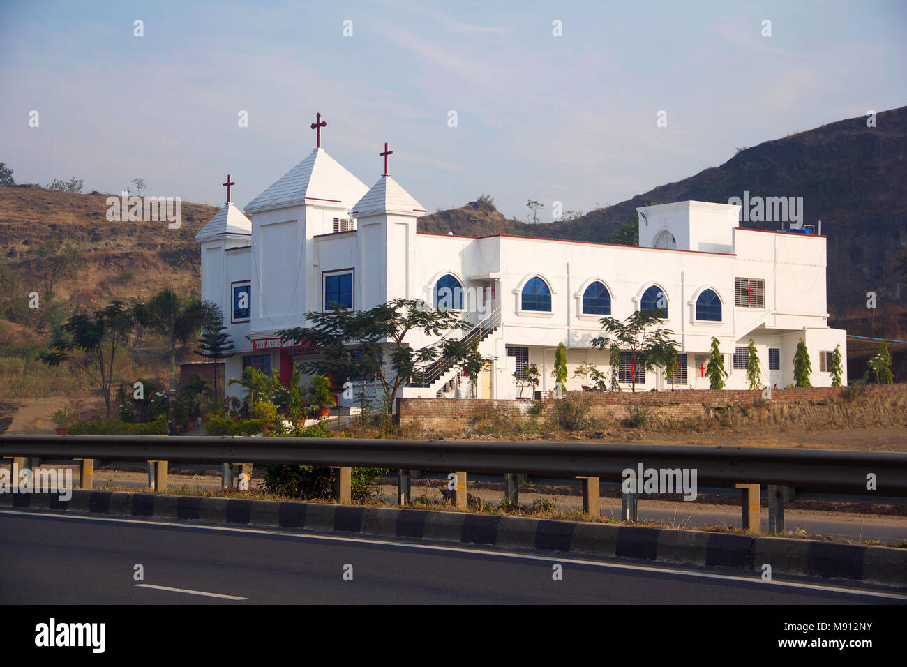 Long shot Church on old Pune Mumbai highway at Dehu Road at Pune Stock Photo