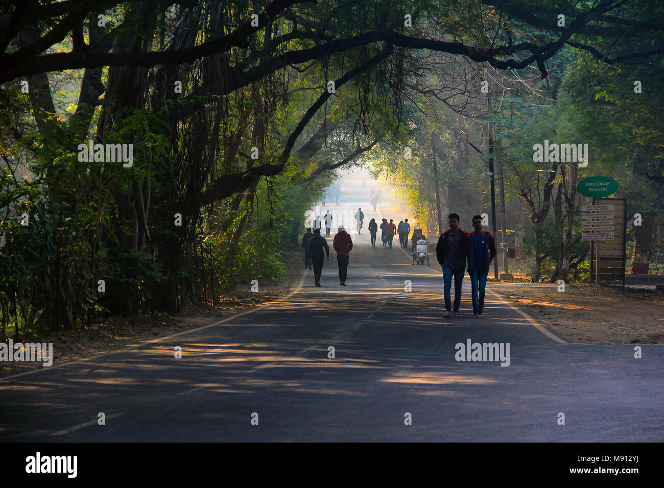 People taking a morning walk inside Pune University campus at Pune Stock Photo