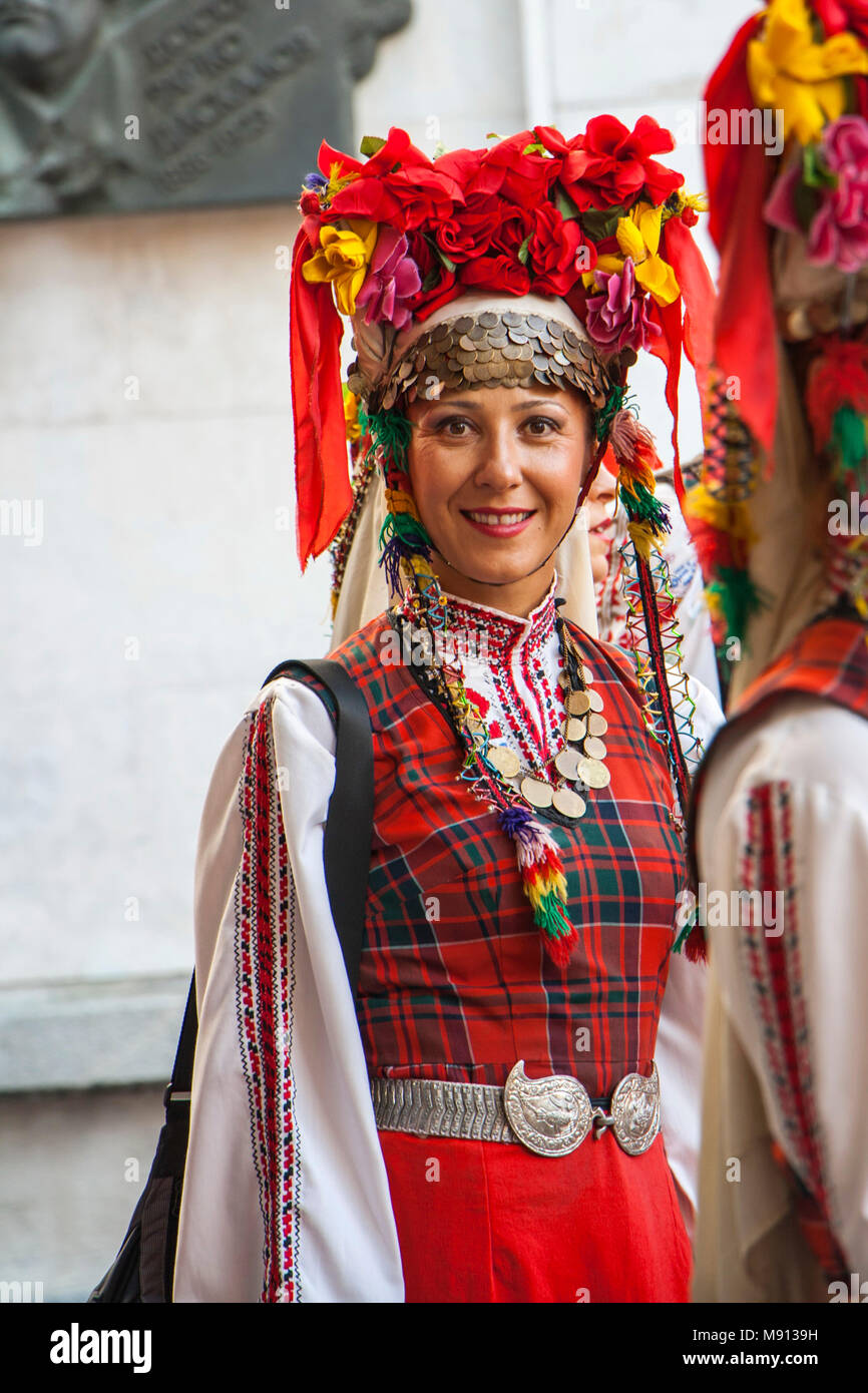 Plovdiv, Bulgaria 3rd August 2013: Beautiful Bulgarian woman is a dancer at the XIX International Folklore Festival. Stock Photo
