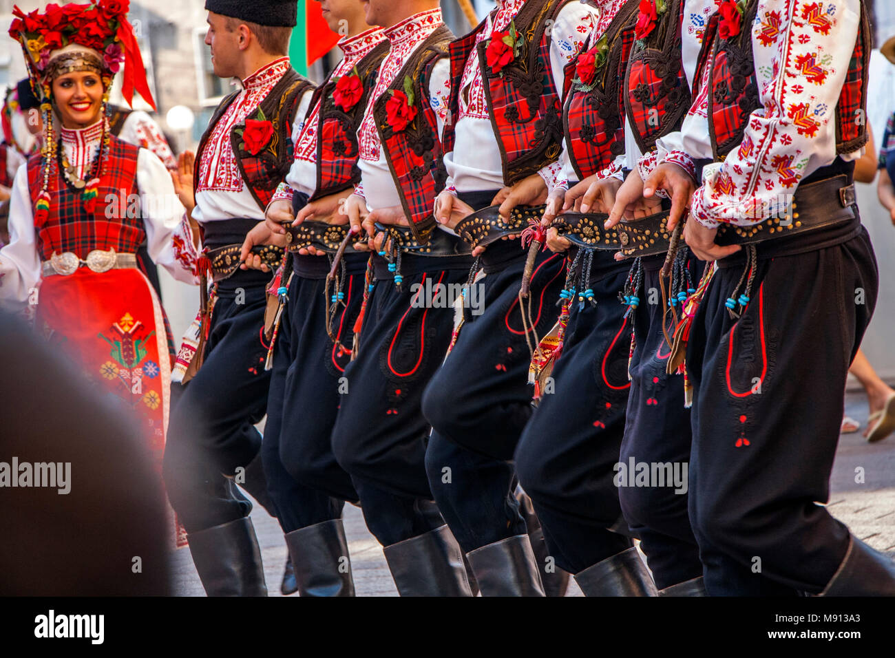 Plovdiv, Bulgaria 3 August 2013: Bulgarian folklore dancers at the XIX International Folklore Festival. Stock Photo