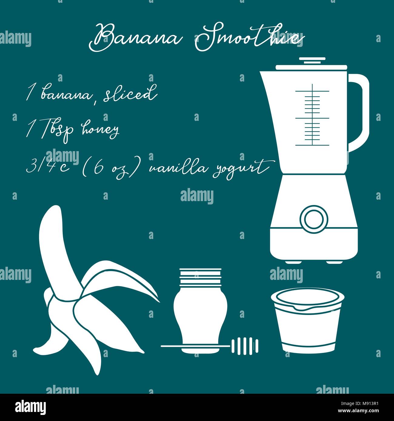 Recipe, blender and ingredients for making banana smoothie. Healthy ...