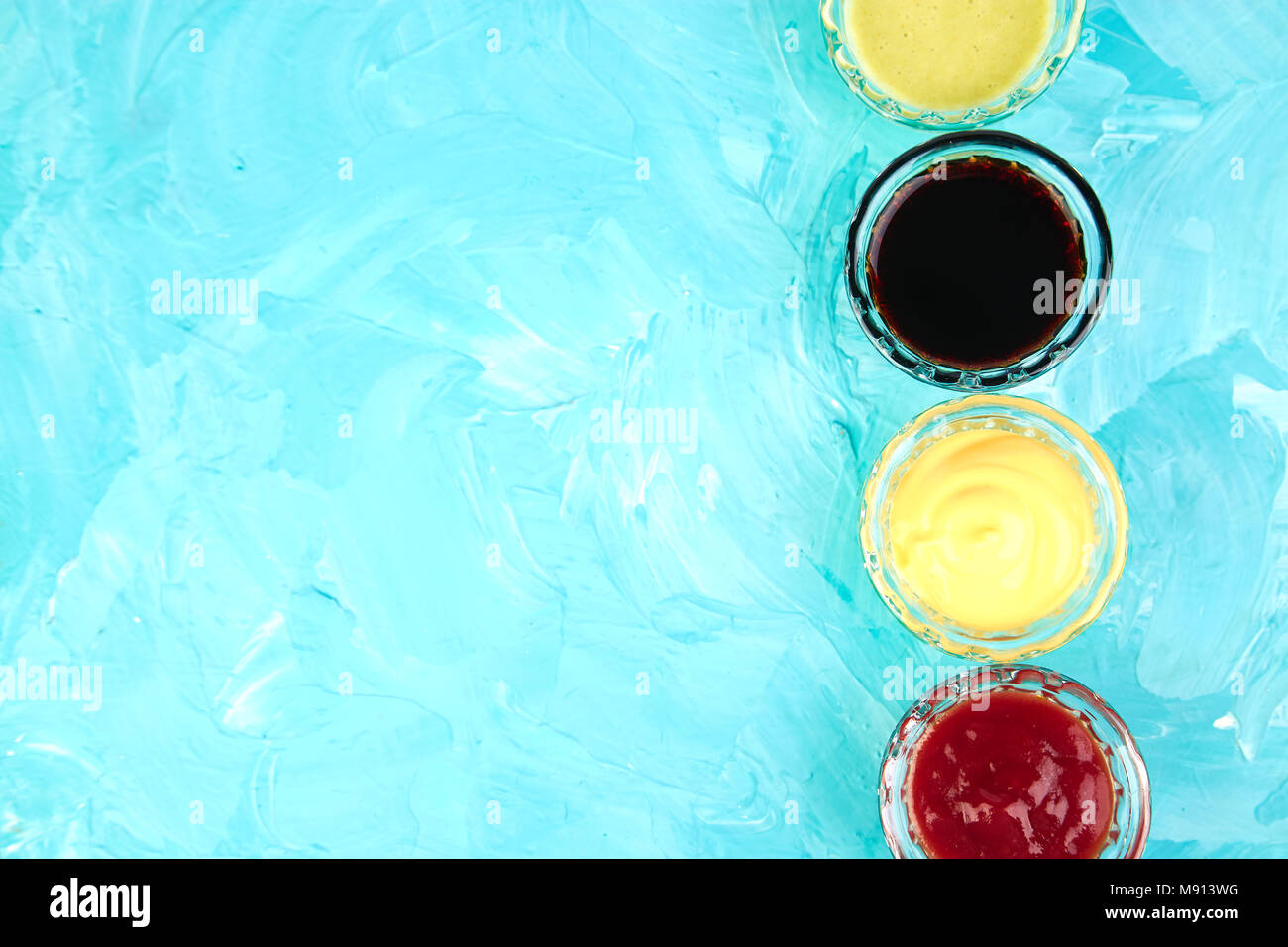 Set of different sauces. Sauces ketchup, mustard, mayonnaise, wasabi