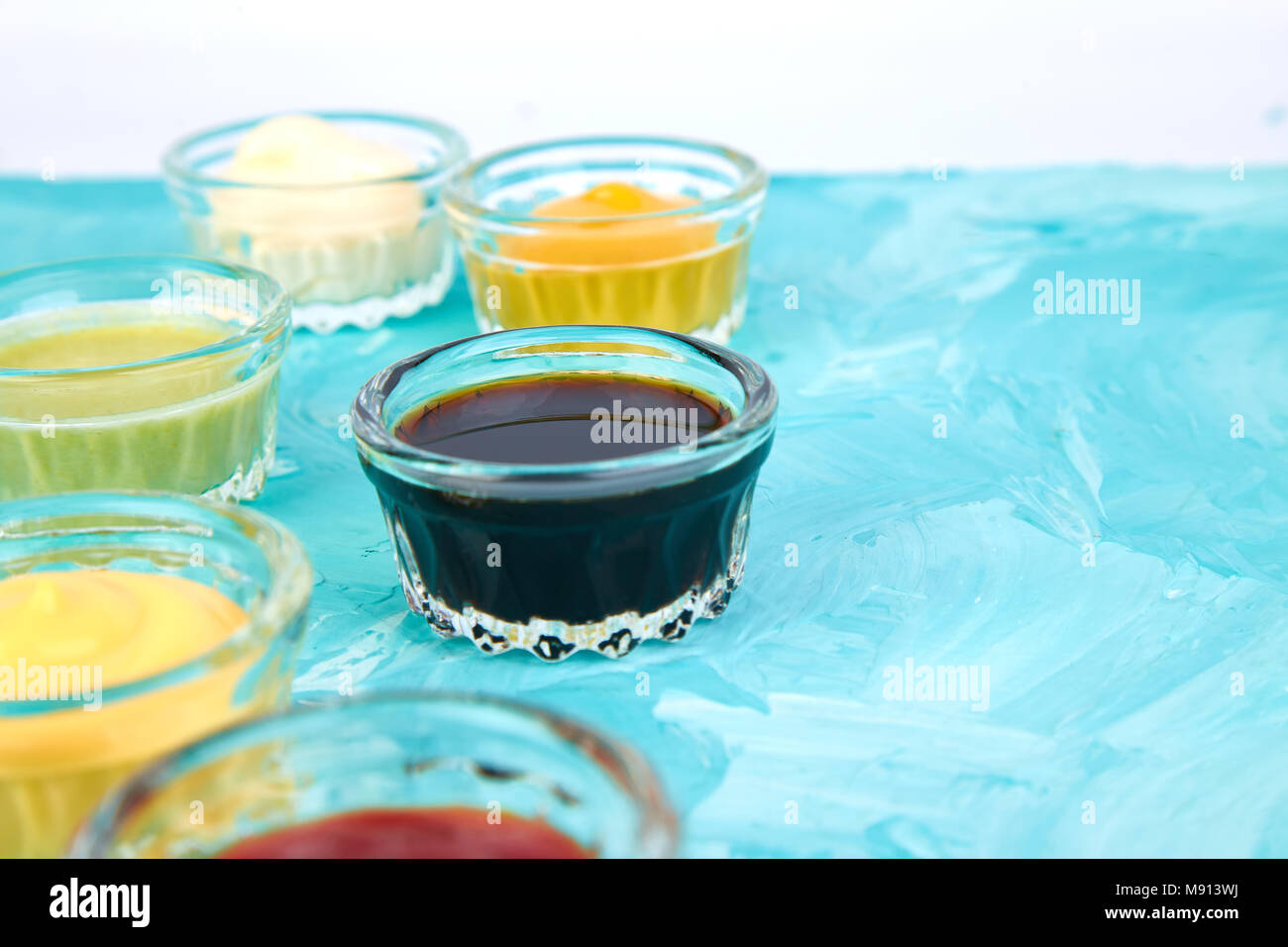 Set of different sauces. Sauces ketchup, mustard, mayonnaise, wasabi