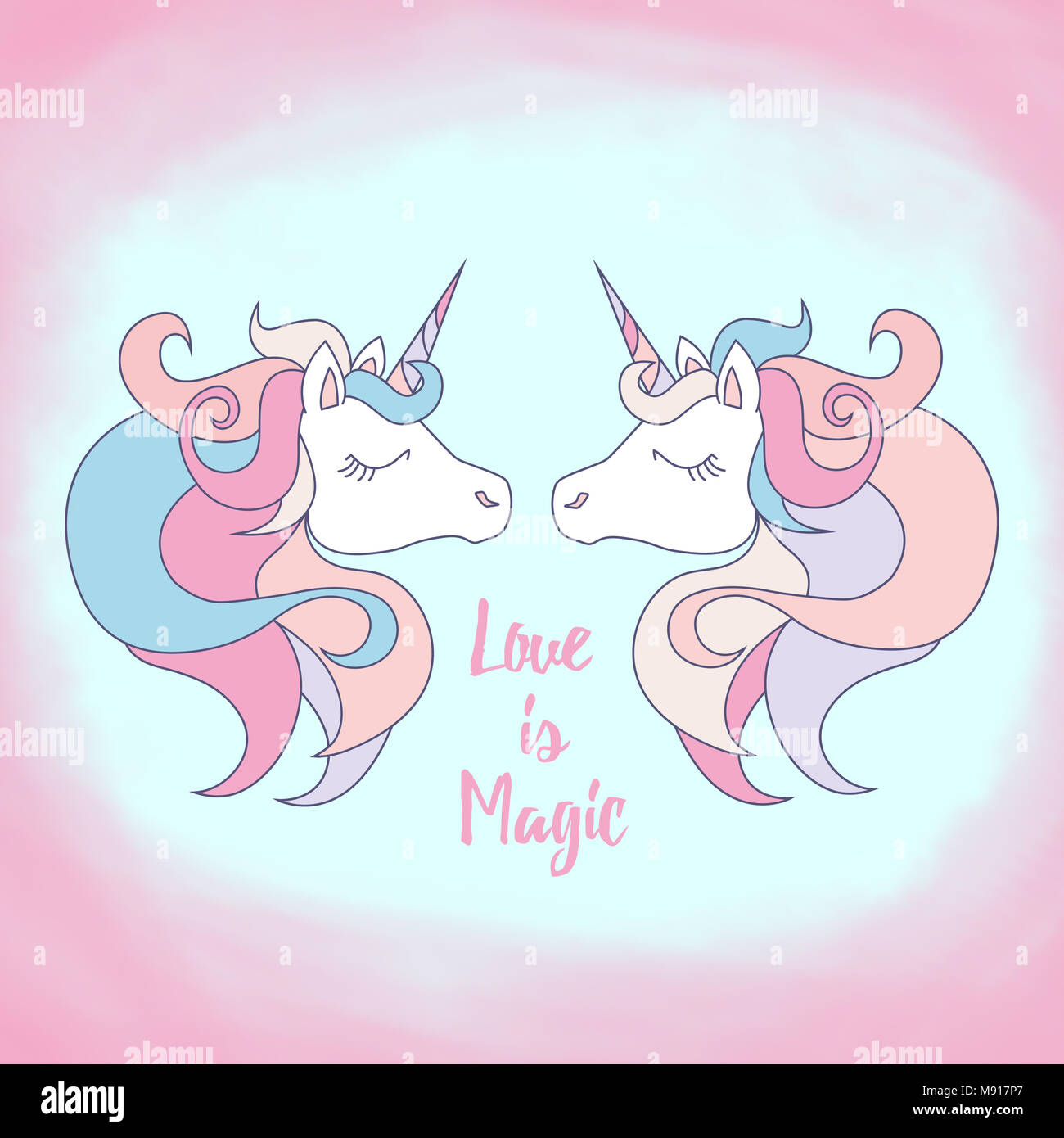 Unicorns kissing, postcard with words Love Is Magic. Love and