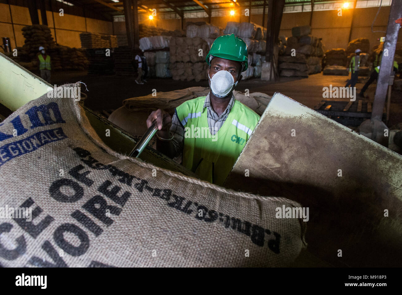 Cocoa humidity check at Abidjan port facilities, Ivory Coast. Stock Photo