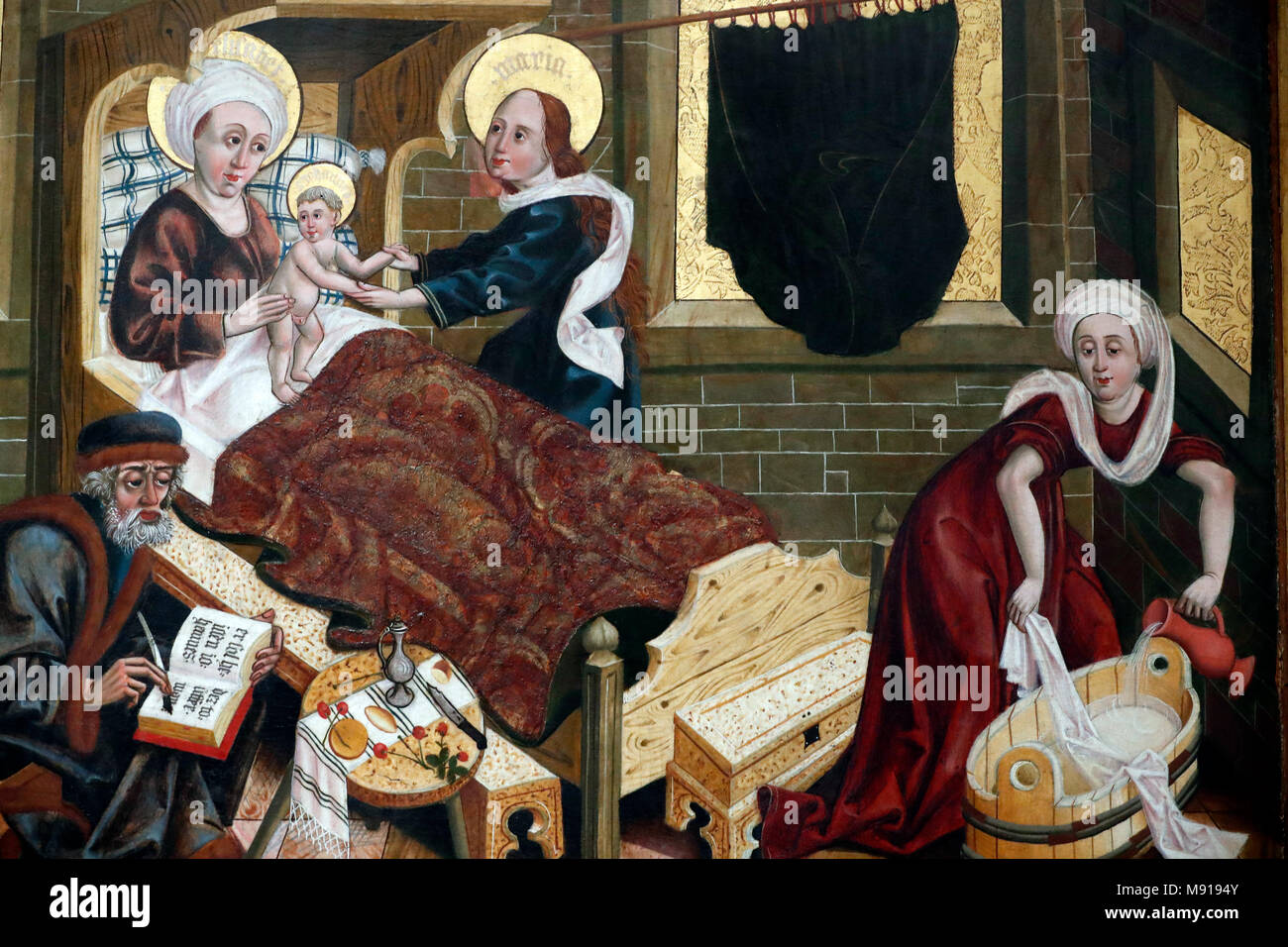 Unterlinden Museum. Birth of St John the Baptist.  Oil on wood panel. Late 15 th century.  Colmar. France. Stock Photo