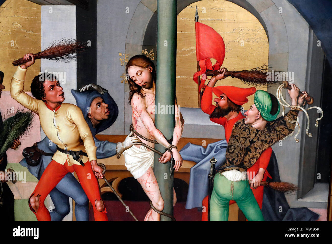 Unterlinden Museum.  Passion of Christ.  The Flagellation.  Oil on wood panel. Martin Schongauer. Late 15 th century.  Colmar. France. Stock Photo