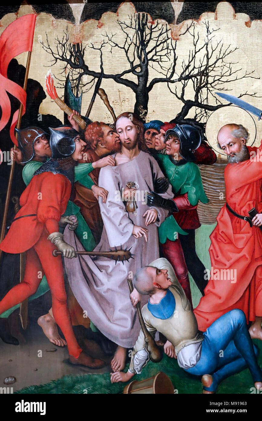 Unterlinden Museum.  Christ in his Passion. The kiss of Judas. Oil on wood panel. Martin Schongauer. Late 15 th century.  Colmar. France. Stock Photo